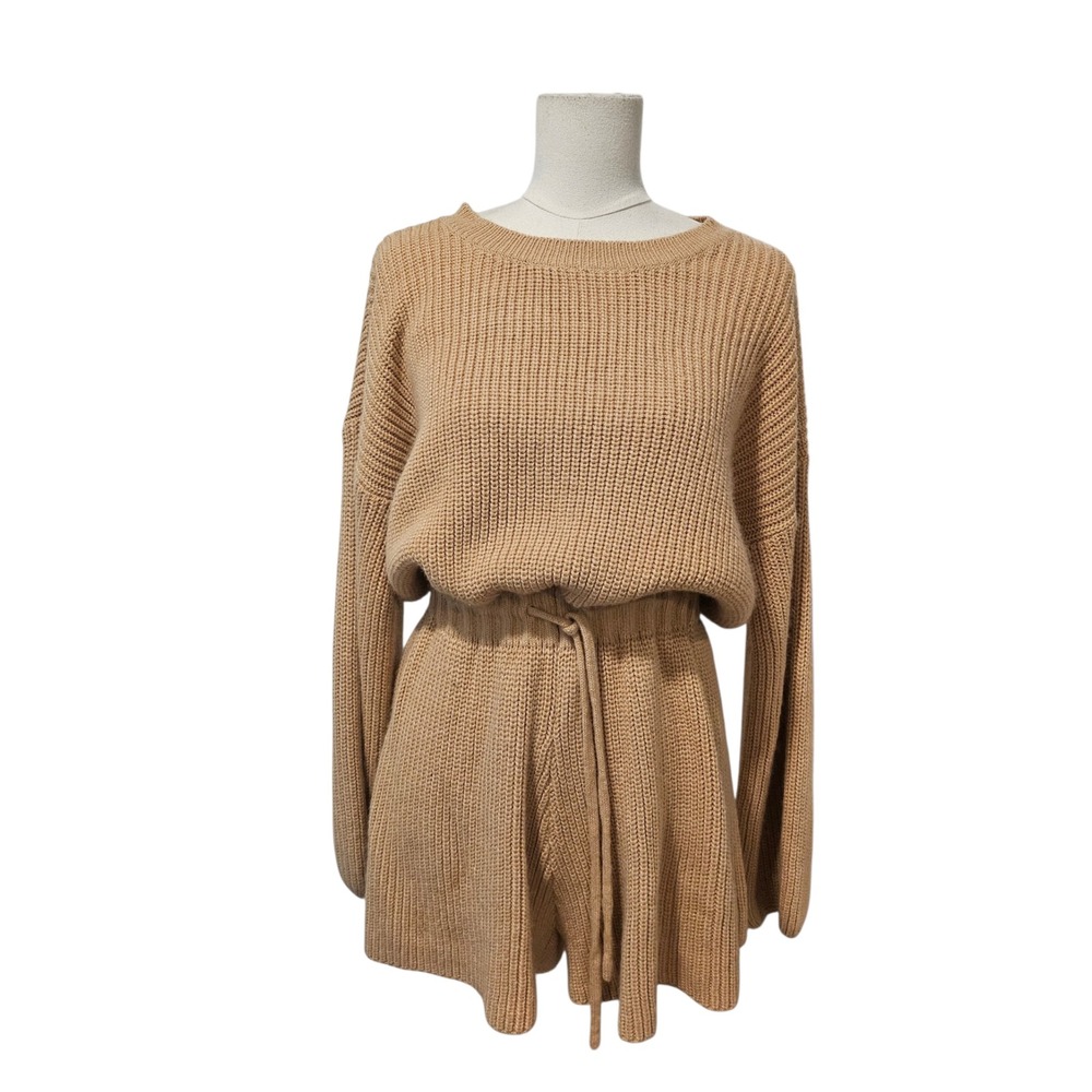 Petal + Pup Tan Knit Long Sleeve Romper Open Back Drawstring Waist Size 6